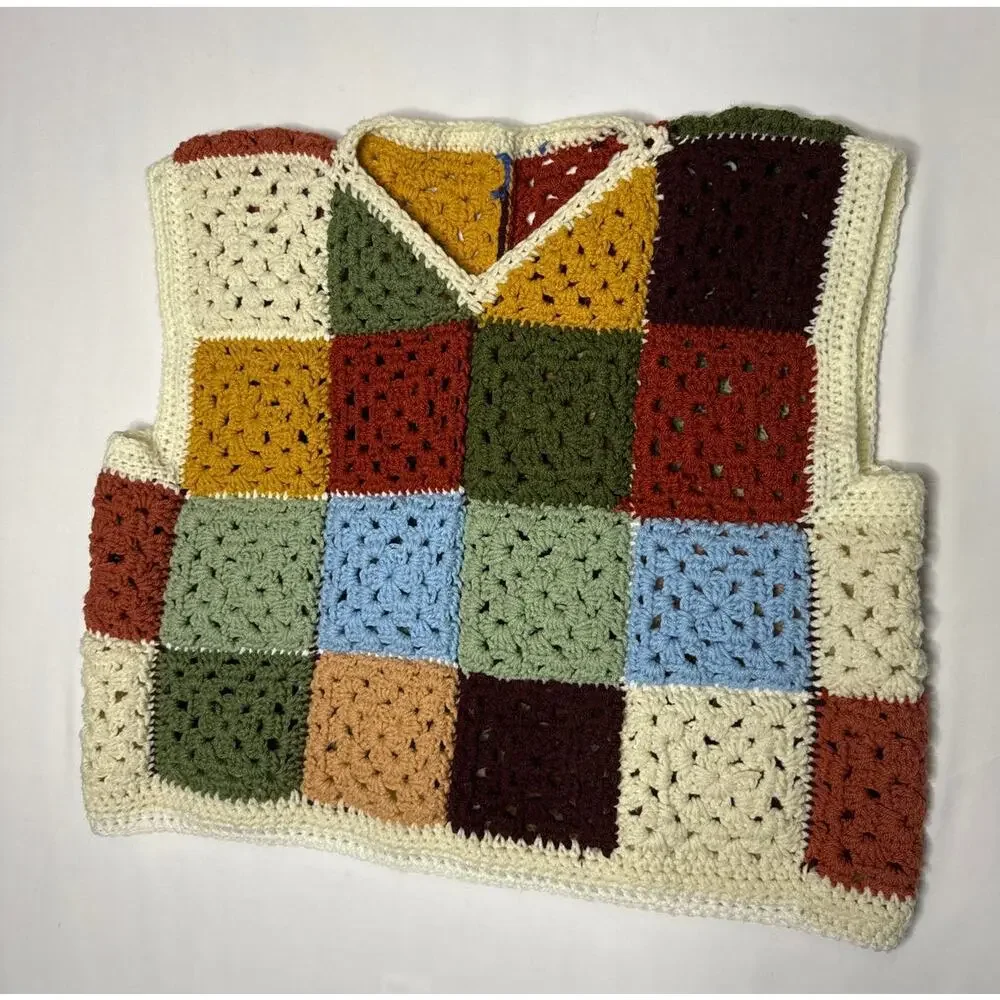 Vintage 1970s Style Handmade Crochet Granny Square Patchwork Vest Unisex XL